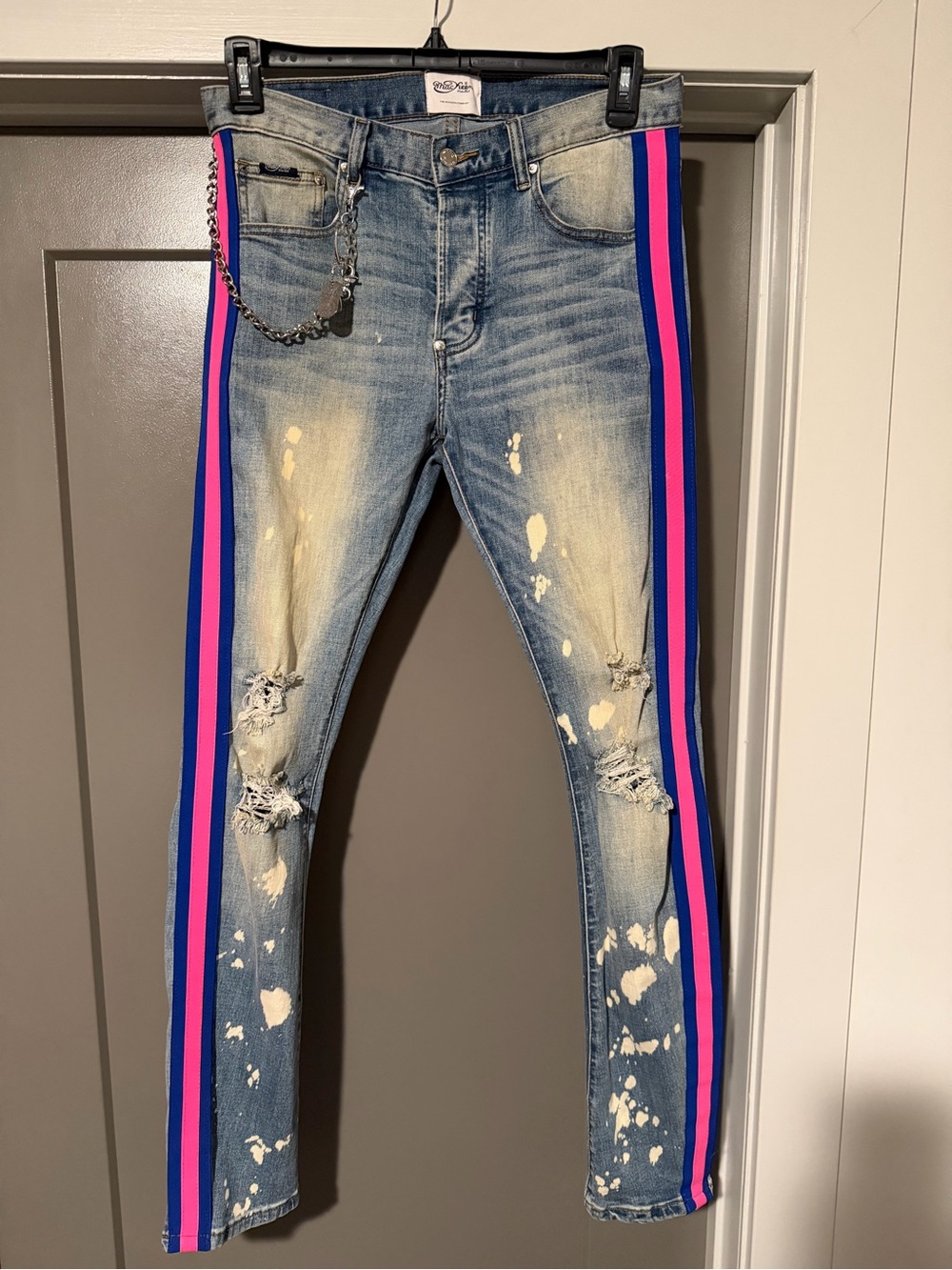 Slim Distressed Men’s Jeans with Pink & Blue Side Stripes